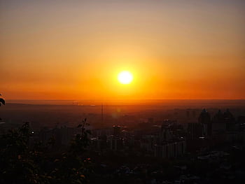 sunset, city, sun, evening, sky, landscape, orange