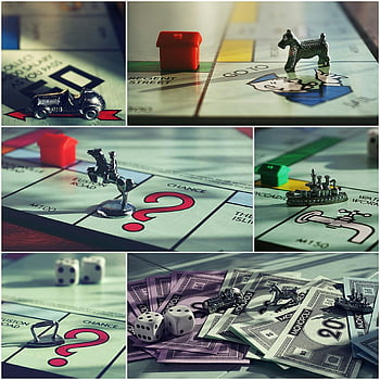 Monopoly, board game, collage, tokens, money, detailed close-up, game enthusiasts, Monopoly items, Monopoly board, dice, houses