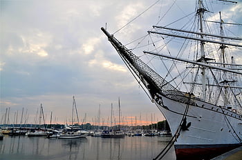 training Ship, marina, sailing Port, harbor Motifs, gorch Fock, evening Atmosphere, strelasund, stralsund, west Pomeranian, baltic Sea, hanseatic City