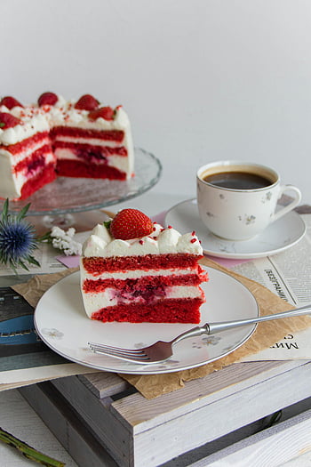 red velvet cake, fresh strawberries, cup of coffee, layered fruit cake, still life, dessert, slice of cake, cream frosting, cake slice, coffee cup, plate with cake