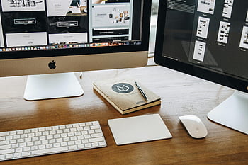 computer keyboard, desk setup, dual monitors, minimalist desk, productivity workspace, notebook, mouse, desk, office setup, workspace, computer mouse