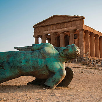 Icarus Statue, Temple of Concordia, Agrigento, Valley of the Temples, Sicily, ancient Greek temple, bronze statue, Agrigento Sicily, historical site, archaeological site, Italian landmarks
