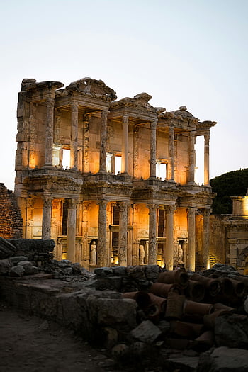 efes, celsus knihovna, Ephesus, svítí, soumrak, starověké zříceniny, historické místo, krocan, architektura, sloupců, sochy