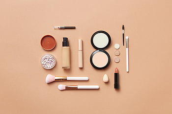 Maquiagem, pincéis de maquiagem, fundo laranja, flatlay, fundo de pêssego, Produtos cosméticos, itens de beleza, ferramentas de maquiagem, Flatlay de beleza, arranjo de maquiagem, configuração de beleza