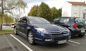 citroën c6, carro, azul, estacionado, estacionamento, dois volumes, placa de carro, arvores, construção, outono, França