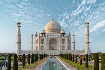 Taj Mahal, agra, Indie, Kultovní architektura, modrá obloha, čelní pohled, majestátní pohled, bílý mramor, historická památka, světového dědictví unesco, cíl cesty
