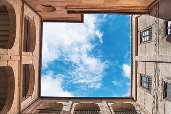 monastery, nature, church, courtyard, cloister, windows, arches, clouds, sky, architecture
