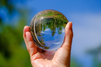 glass Sphere, lens Ball, forest, trees, reflection, landscape, nature