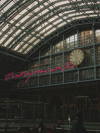St. Pancras Station, iconic clock, steel frame wall, interior design, neon installation, I want my time with you, train station, architectural details, large clock, modern art, station architecture