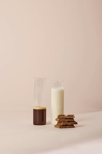 cocoa, milk, chocolate, flasks, minimalist setup, soft pink background, coffee, glass flasks, drink, beverage, dessert