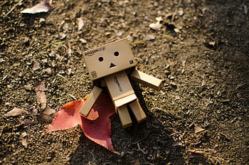 Brown Cardboard Robot, cute cardboard robot, autumn leaves, whimsical moment, dirt surface, Danbo, cardboard toy, outdoor scene, fall season, creative art, handmade robot