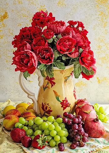 flowers, nature, flower Wallpaper, vase, flower Background, beautiful Flowers, fruit, still Life, decorative, wall Art, red