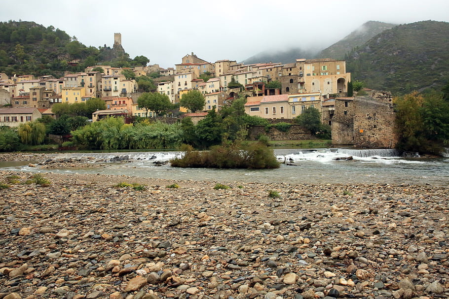 Roquebrun, village, river bank, autumn, gray sky, river, pebbles, landscape, South France, outdoor, Canon EOS 5D