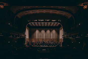orchestra performing, grand theater, symphony performance, classical music, stage performance, concert hall, musical instruments, live music, audience, conductor, exquisite music