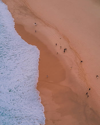 Bondi Beach, aerial shot, people walking, seashore, gentle waves, beachgoers, sandy beach, ocean waves, coastal scene, scenic view, Australia beach