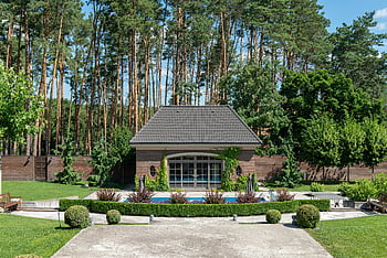 luxusní terasa, moderní bouda, plavecký bazén, svěží zeleň, vysoké stromy, letní, venkovní bydlení, Na dvoře oáza, zahradní ústup, moderní design, Relaxace u bazénu