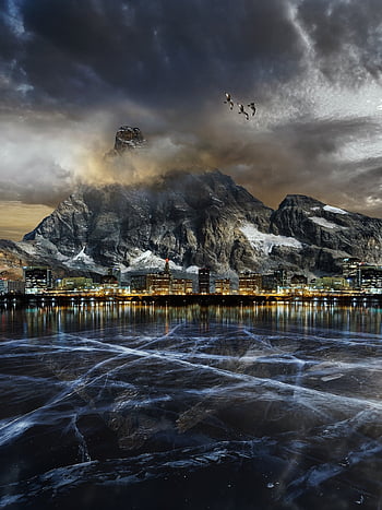 berg-, landschap, meer, stad, stad-, fantasie, zonsondergang, ijs-, bevroren water, stadslichten, donkere wolken