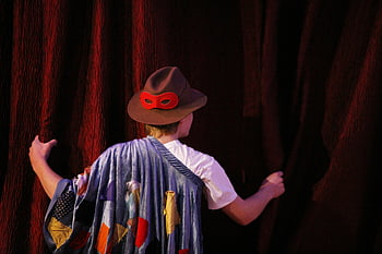 theater, gordijn, pet, de rug, kostuum, masker, stadium, toneelgordijn, acteren, theatervoorstelling, prestatie