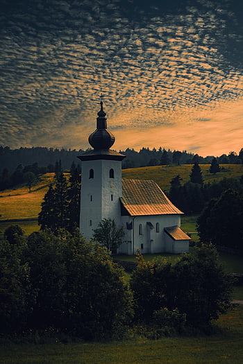 kościół, gotyk, pola, chmury, niebo makreli, budynek, architektura, religia, architektura sakralna, historyczny, zachód słońca