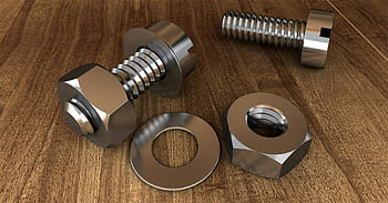 gray bolts, nuts, wooden surface, metal hardware, fasteners, screws, washers, industrial components, mechanical parts, close-up, metallic finish