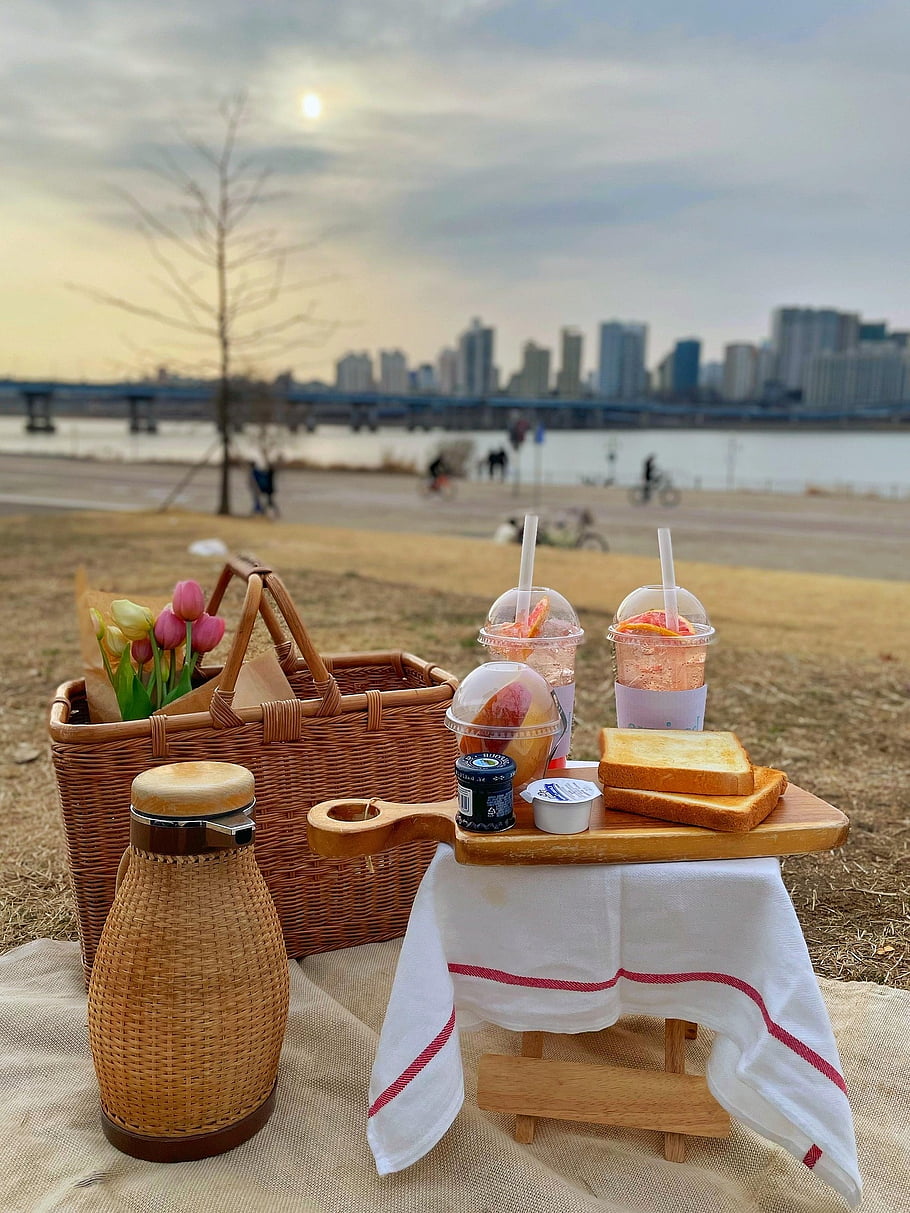 picnic, food, park, basket, bread, snack, kettle, drink, beverage, flower, bouquet