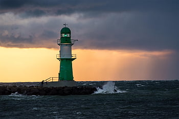 sunset, lighthouse, sea, horizon, dusk, evening, beacon, nature, ocean, water, coast