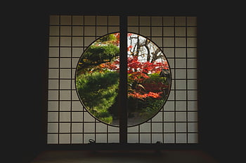 日本のスタイルの窓、 紅葉、 伝統的な日本の忍、 穏やかなビュー、 秋の木々、 円形の窓、 日本庭園、 色落ち、 自然の風景、 屋内ビュー、 平和な雰囲気