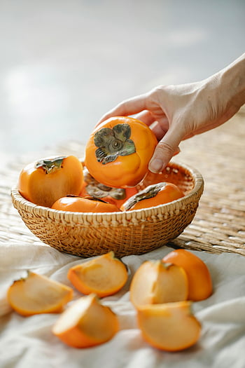 persimmons, basket, ripe, fresh, organic, produce, hand, selecting, fruit, sliced, persimmon