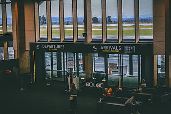 airport terminal, people, departures sign, arrivals sign, busy airport, terminal area, airport interior, airport seating, airport windows, airport view, airport lounge