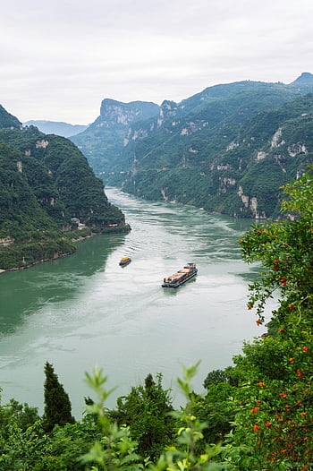 kontejnerová loď, řeka Yangtze, svěží hory, yichang, Čína, letecký pohled, lodí, řeka, krajina, Příroda, přeprava