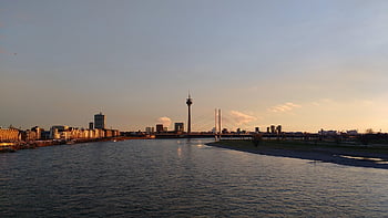 düsseldorf, panoráma, město, řeka, Příroda, rhine, Německo, architektura, voda, rheinbrücke, panoráma města
