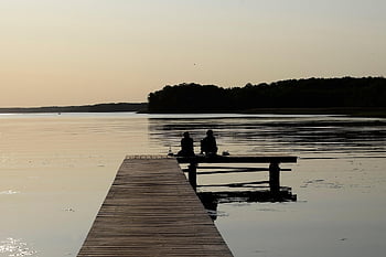 lake, sunset, friends, pier, dusk, jetty, nature, twilight