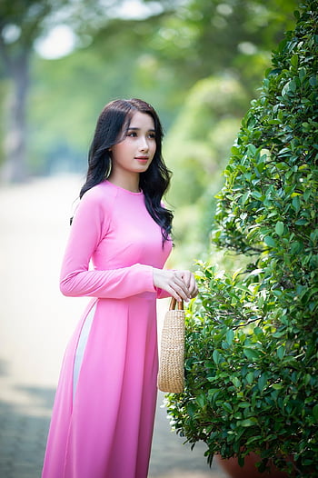 ao dai, asijský, Modelka, ženský, asijské ženy, ženského modelu, růžové šaty, tradiční oblečení, modelování, póza, představují
