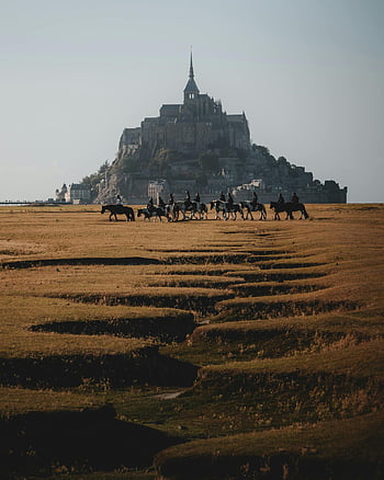Mont-Saint-Michel, France, horseback riders, Mont San Michele Abbey, beautiful scene, background, landscape, travel, tourism, abbey, riders