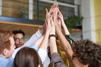 teamwork, diverse professionals, high-five, indoor celebration, group interaction, hands touching, office environment, collaborative spirit, professional celebration, unity gesture, team building