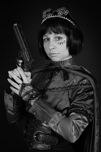 woman, steampunk, portrait, fashion, model, girl, mysterious, gothic, glasses, gun, weapon