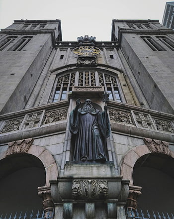 catholic monastery, exterior, sculptures, historic church, facade, low-angle view, Sao Paulo, church architecture, religious building, statue, clock tower