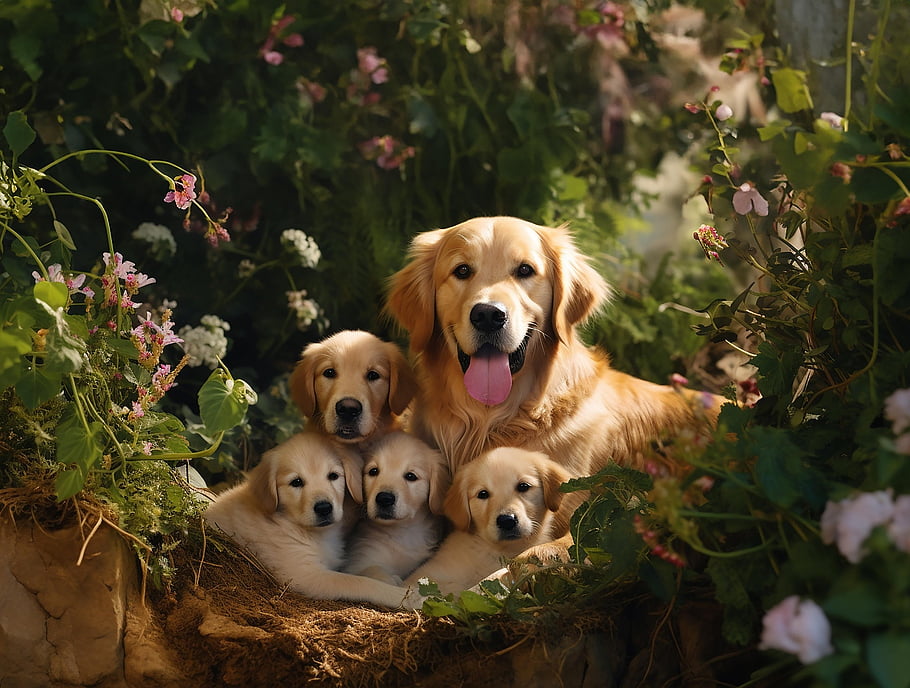 retriever, anjing, keluarga, membelai, anak anjing, taman, bunga, alam, potret, senang