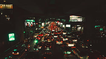 night traffic, city road, illuminated buildings, heavy traffic, dynamic scene, urban nightlife, car lights, cityscape, night scene, traffic jam, street lights