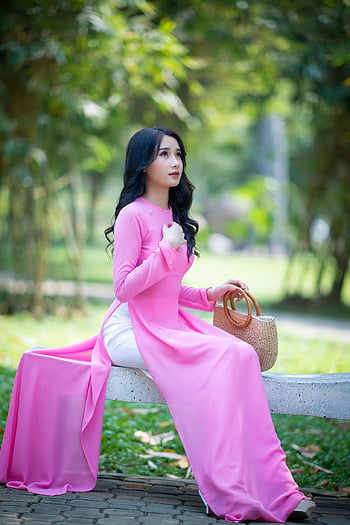 ao dai, asijský, Modelka, ženský, asijské ženy, ženského modelu, růžové šaty, tradiční oblečení, modelování, póza, představují