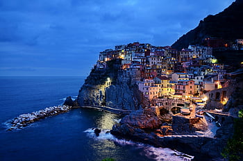 manarola, cinque terre, Itálie, noční výhled, Barevná vesnice, vesnice na útesu, mořský útes, pobřežní město, středomoří, evropské vesnice, pohled