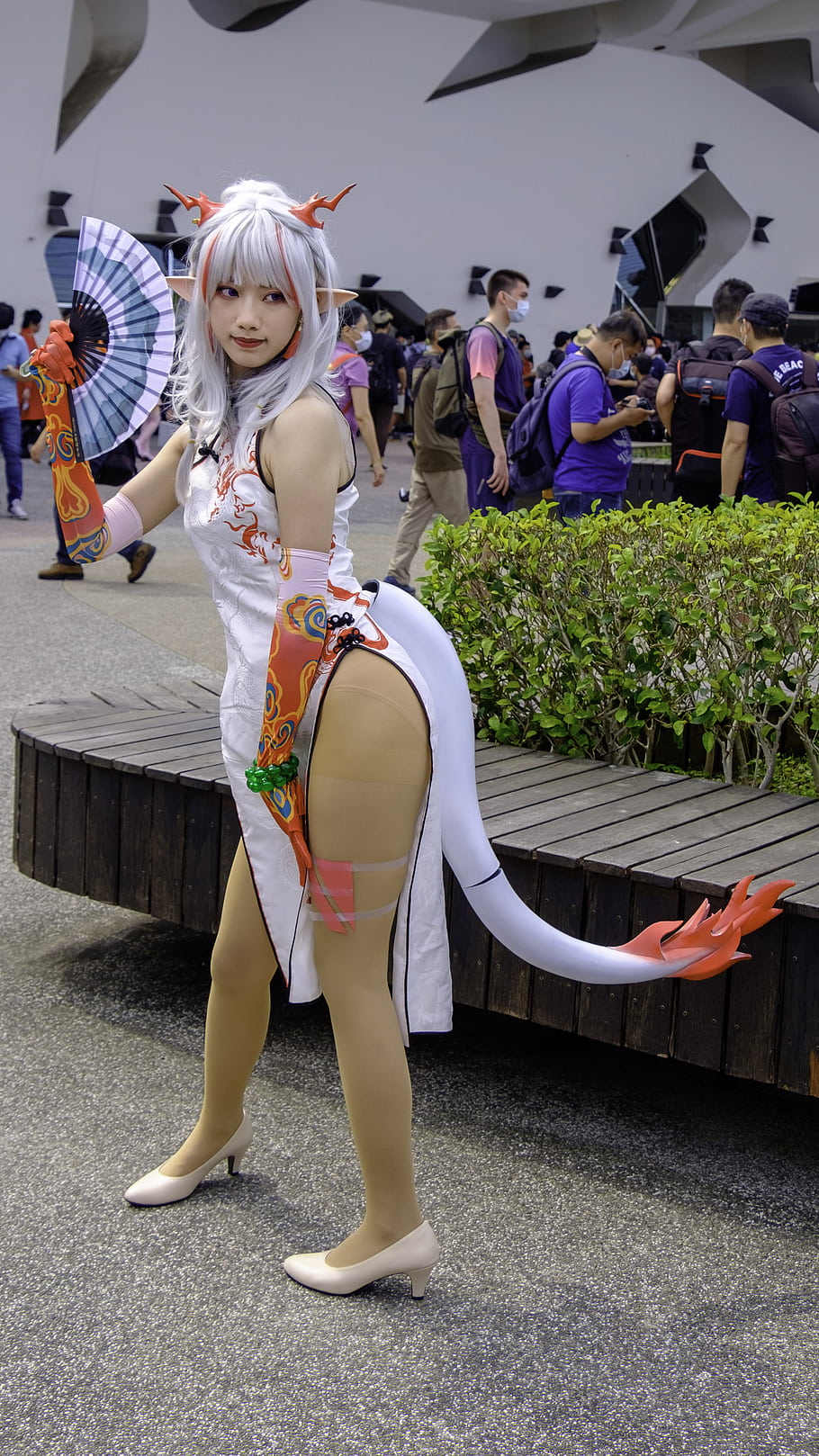 cosplay, character, costume, fan, wig, tail, heels, event, crowd, bench, plants