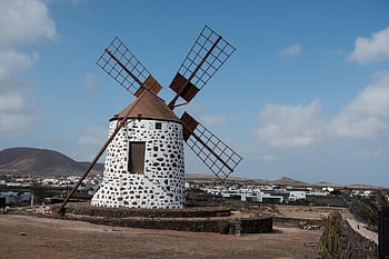 szélmalom, természet, szárnyak, malom, történelmi, építészet, szélenergia, Fuerteventura, ég, hegyek