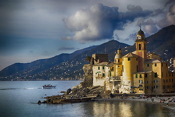 Camogli, Ligurien, vand, panorama, Recco, Italien, strand, Sassi, arkitektur