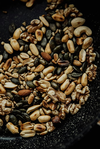 mixed nuts, seeds, frying pan, roasted nuts, vegan dishes, close-up, healthy snacks, plant-based, nut mix, seed mix, roasted seeds