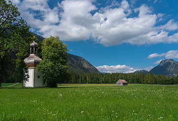 krajina, hory, louka, kaple, mraky, nebe, Příroda, letní, bavaria, horní Bavorsko