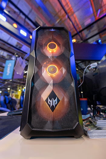 Acer Predator Orion 5000, gaming computer case, RGB lighting, tech expo, Brasil Game Show, gaming PC, tech enthusiasts, front view, close-up, display, computer case