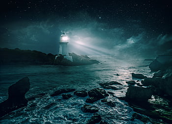 faro, notte, stelle, nuvole, natura, splendore, raggi, mare, costa, rocce, atmosferico