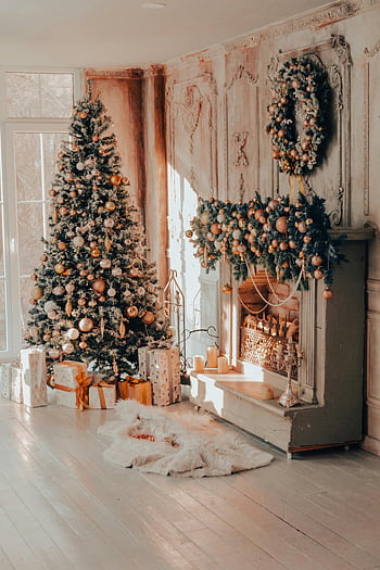 Christmas tree, festive fireplace, luxurious living room, decorated Christmas tree, festive decorations, holiday decor, living room decor, Christmas ornaments, fireplace mantel, holiday season, cozy living room