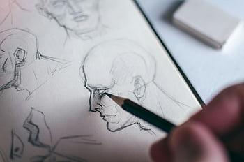 sketching, human head, pencil, white paper, hand sketching, human face, sketchbook, creativity, detailed image, art, drawing